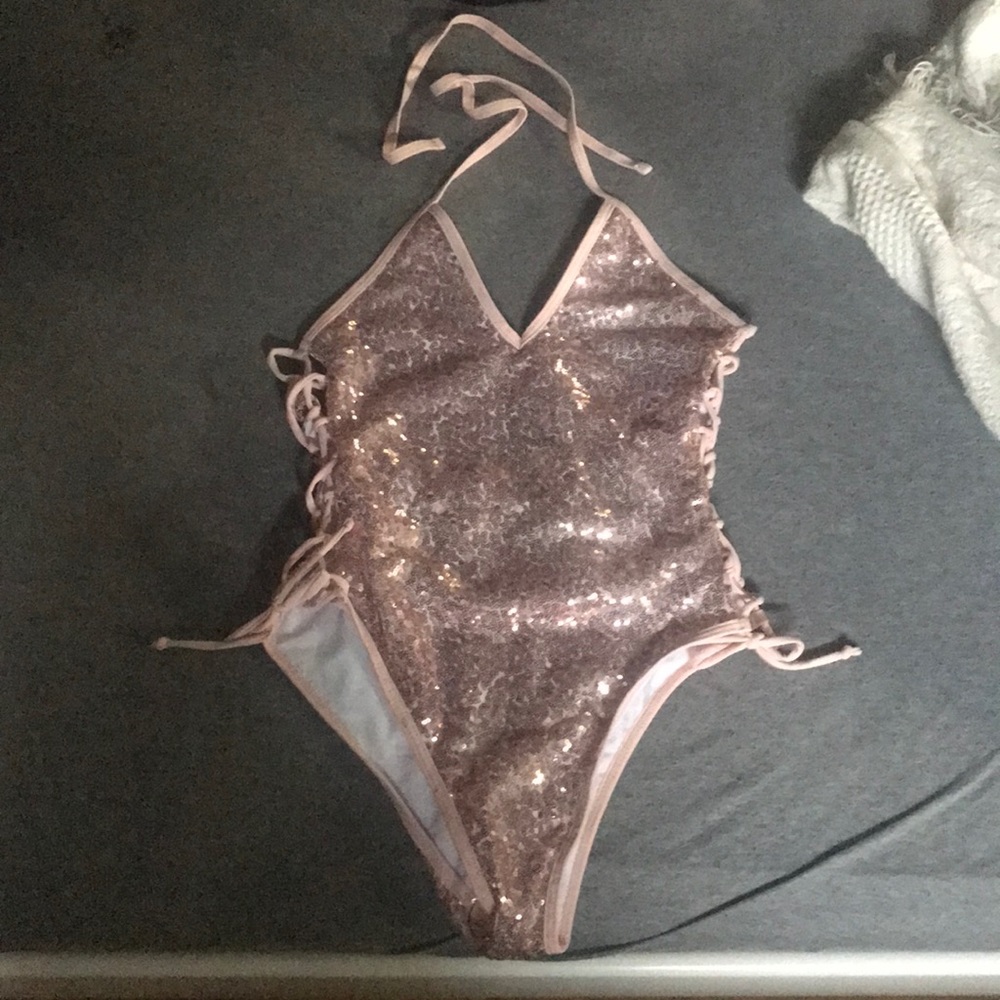 fashion nova pink sequin one piece swimsuit